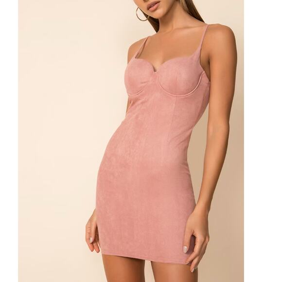 Superdown Agatha Mini Dress Pink Faux Suede‎ Bodycon Spaghetti Strap Sz M - Picture 1 of 11